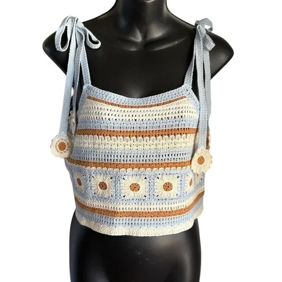 New In Crochet Striped floral Crop Top - Blue, cream , Brown sz M - Picture 7 of 11